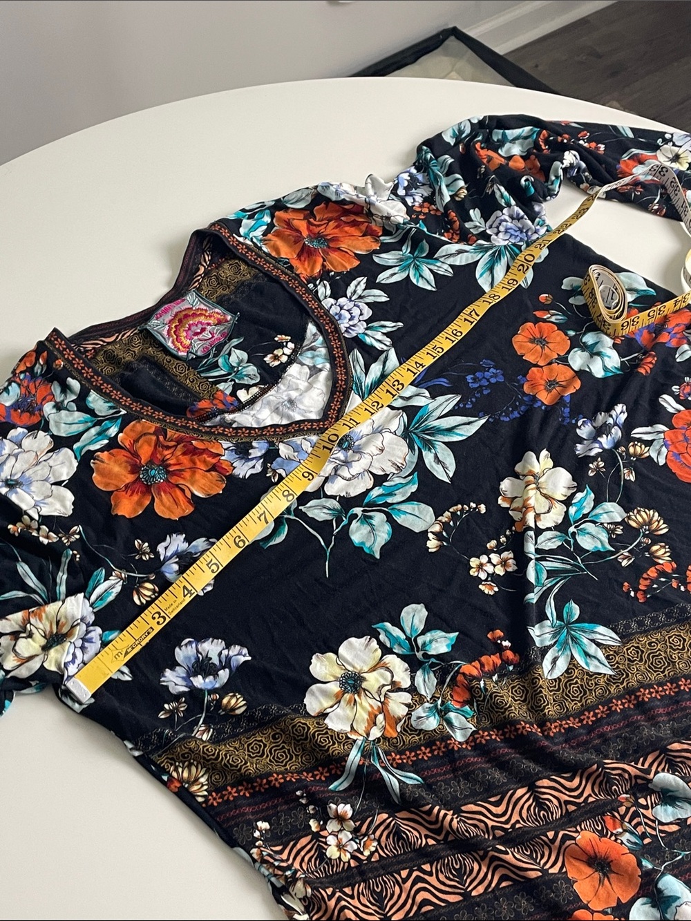 Johnny Was Black Floral V-Neck Blouse with Teal and Orange Accents - Picture 12 of 14